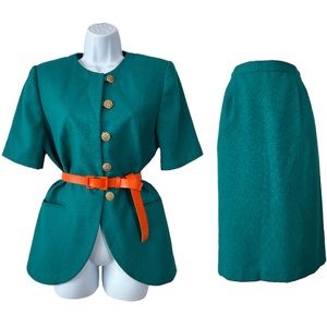 Vintage Teal Green Skirt Suit w Goldtone Metal Buttons By Atrium Collection 8